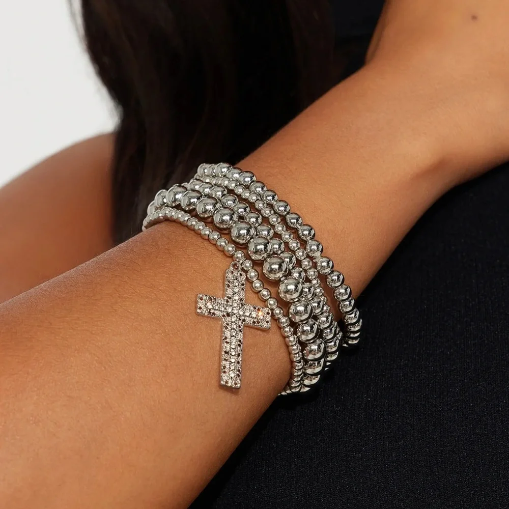 •Such a Saint• Stacked & Layered 5 Piece Silver Beaded Cross Bracelet - Picture 1 of 2